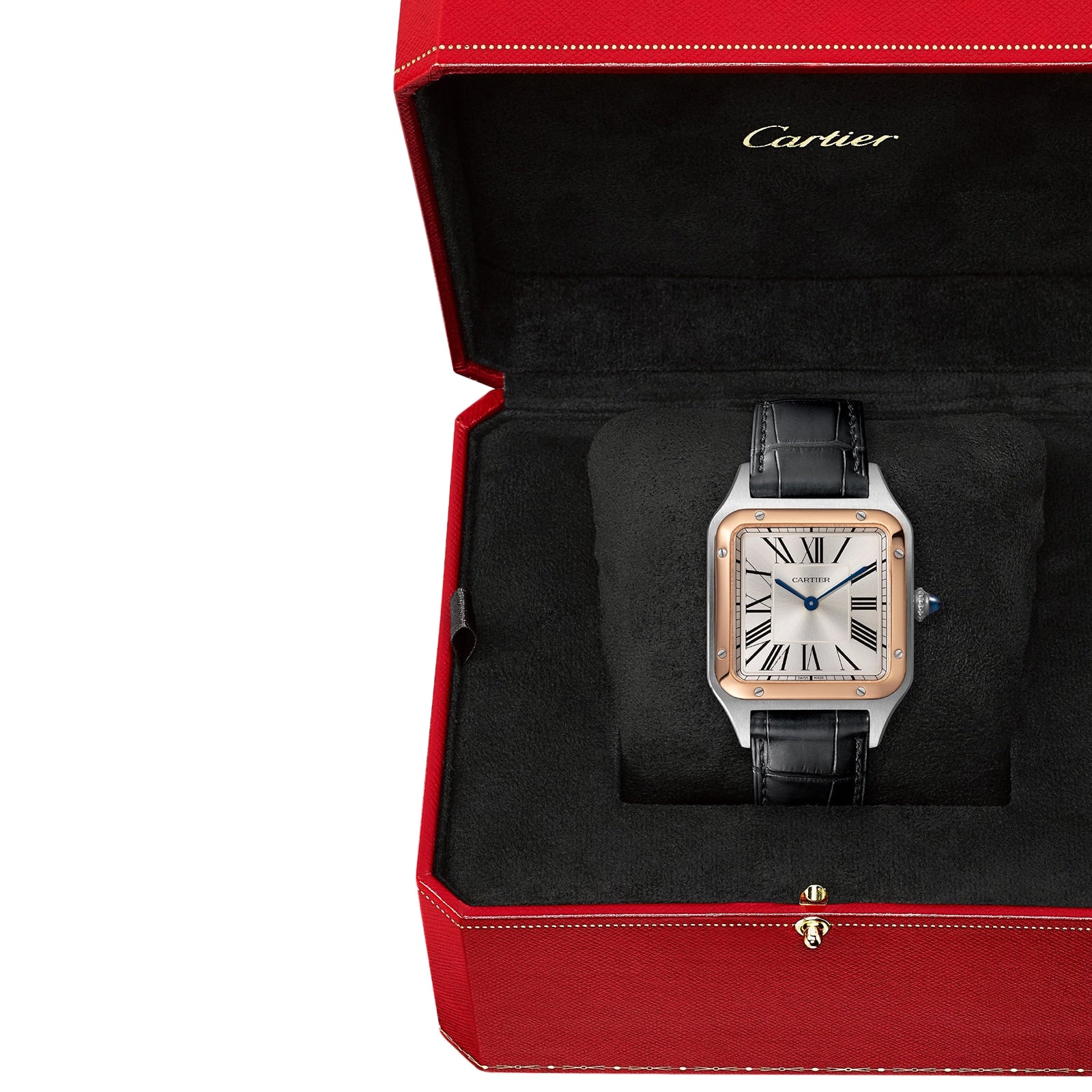 A Cartier Ballon Bleu de Cartier watch with a round face and black leather strap is elegantly displayed in an open red Cartier box.