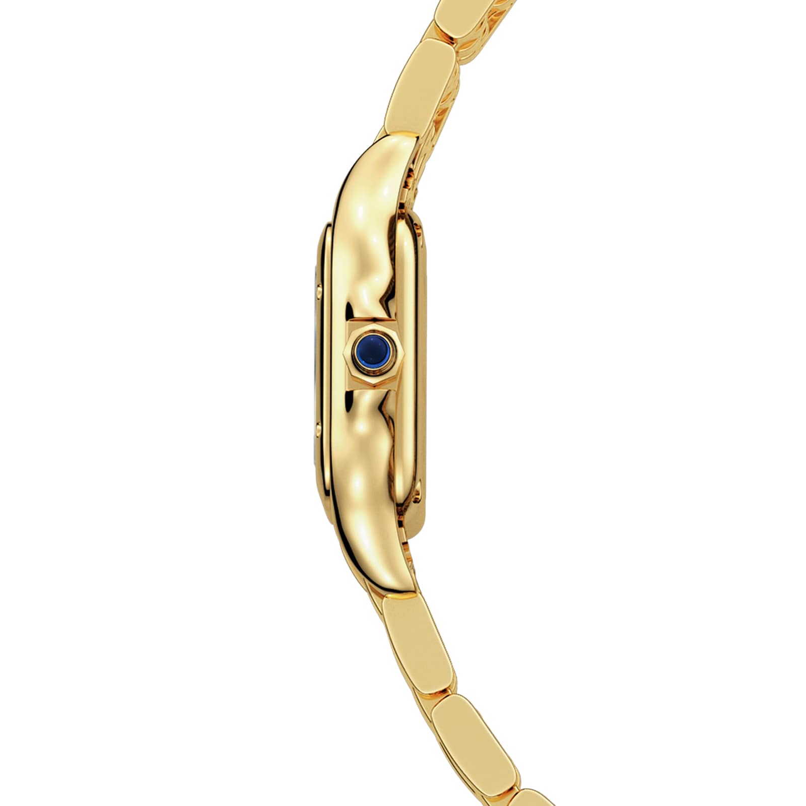 Side view of the Panthère de Cartier gold wristwatch by Cartier, featuring a blue gemstone-set crown and a gold metal link bracelet.