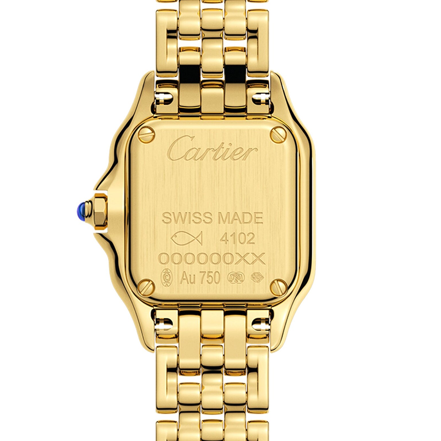 Back view of the Panthère de Cartier watch by Cartier, highlighting the engravings and markings on its gold case and bracelet.