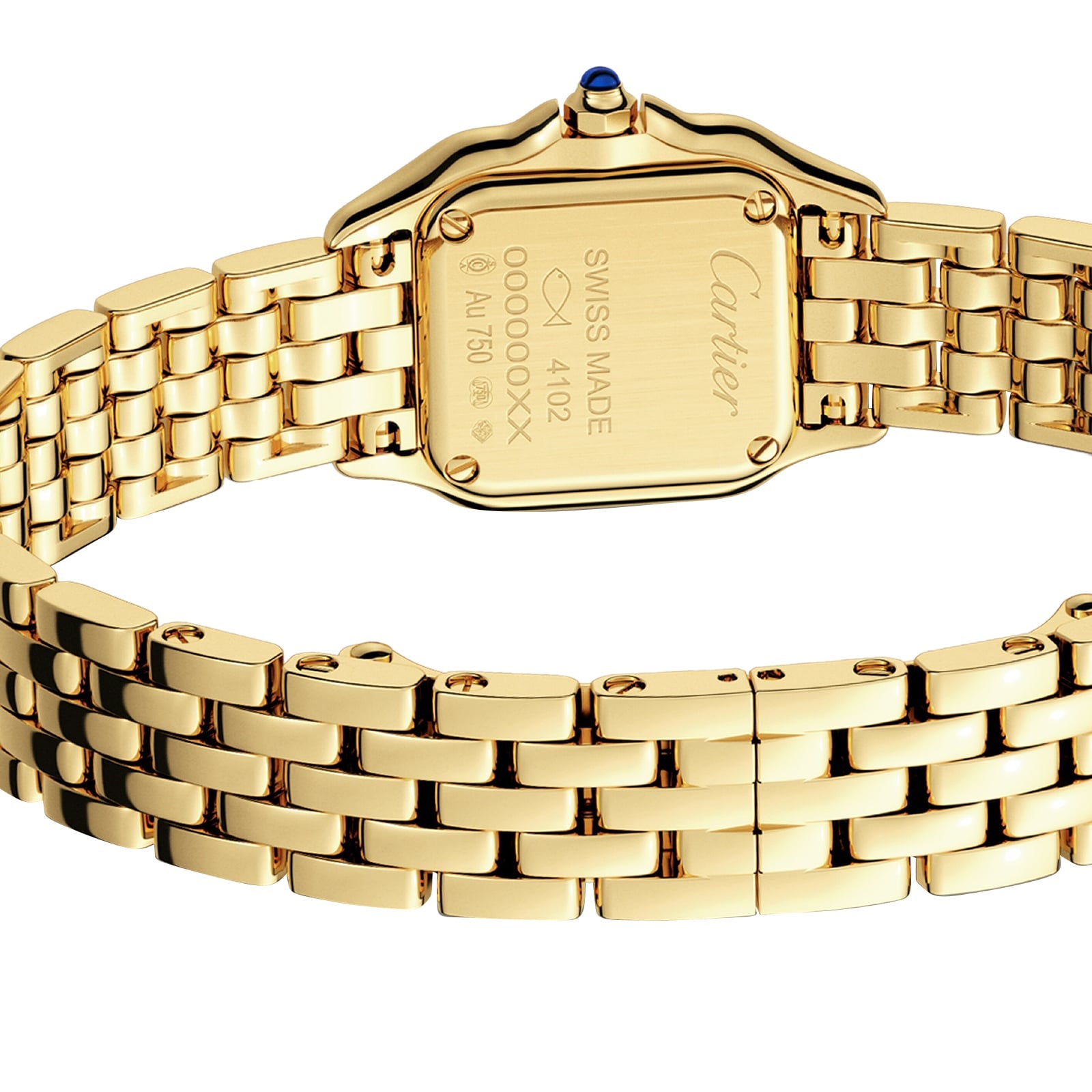 Back view of a gold Panthère de Cartier wristwatch by Cartier, featuring engraved details and a linked bracelet.
