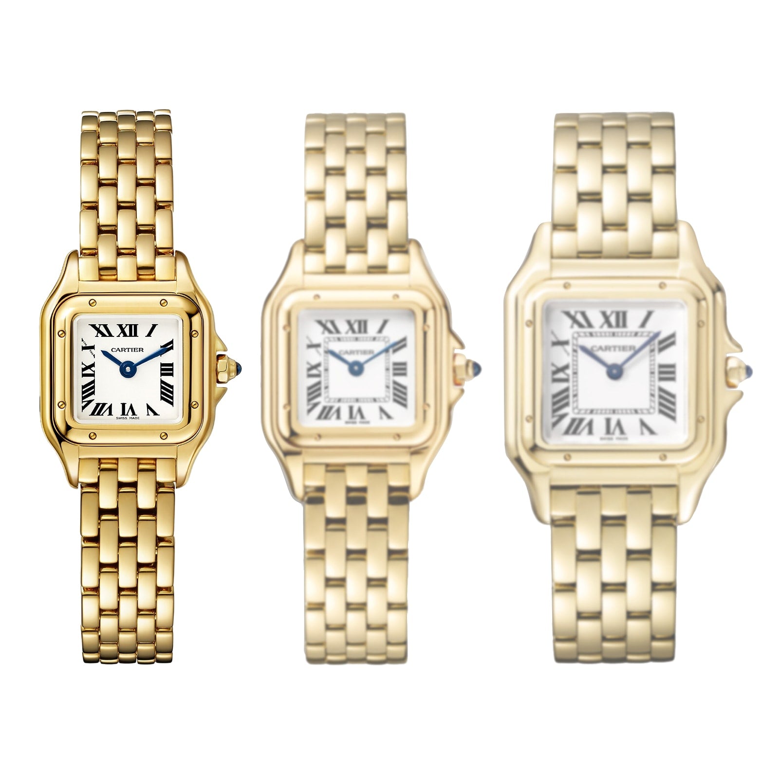 Three Cartier Panthère de Cartier gold wristwatches with square faces and Roman numerals are displayed side by side on a white background.