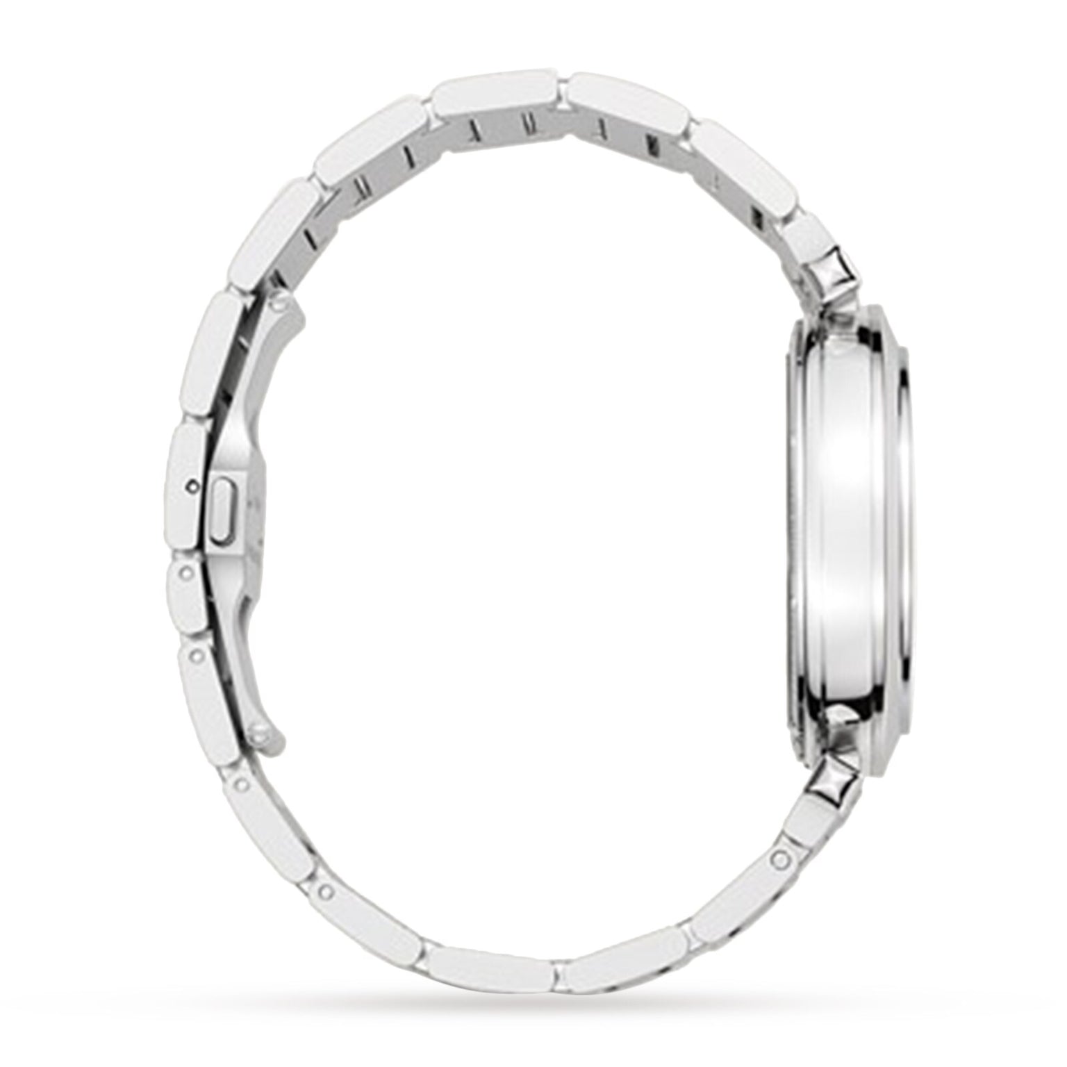 Side view of a silver metal Cartier Pasha de Cartier Skeleton watch with a round case, link bracelet, and SmartLink adjustment system on a white background.
