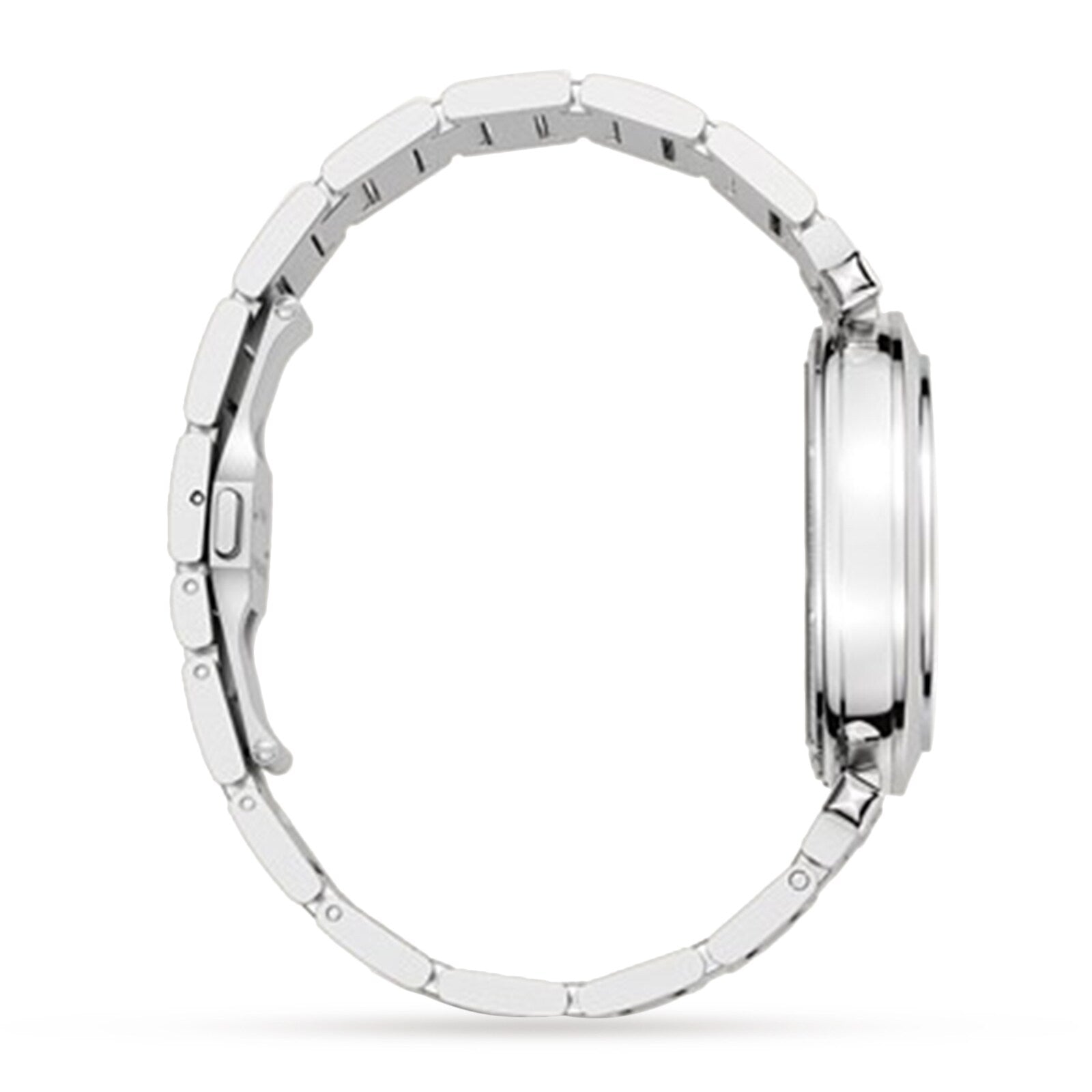 Side view of a silver metal Cartier Pasha de Cartier Skeleton watch with a round case, link bracelet, and SmartLink adjustment system on a white background.