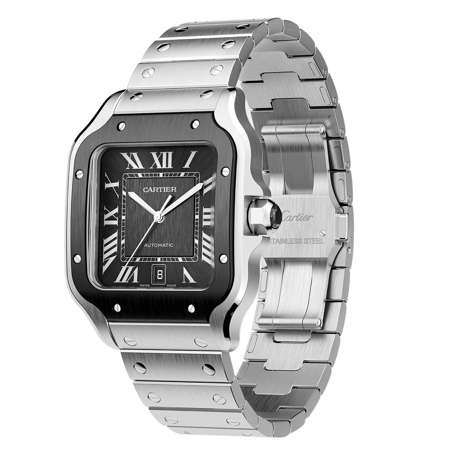 The Santos de Cartier by Cartier is a stainless steel watch with automatic winding, featuring a square black dial, Roman numerals, date window, and a silver bracelet, displayed from an angled view.
