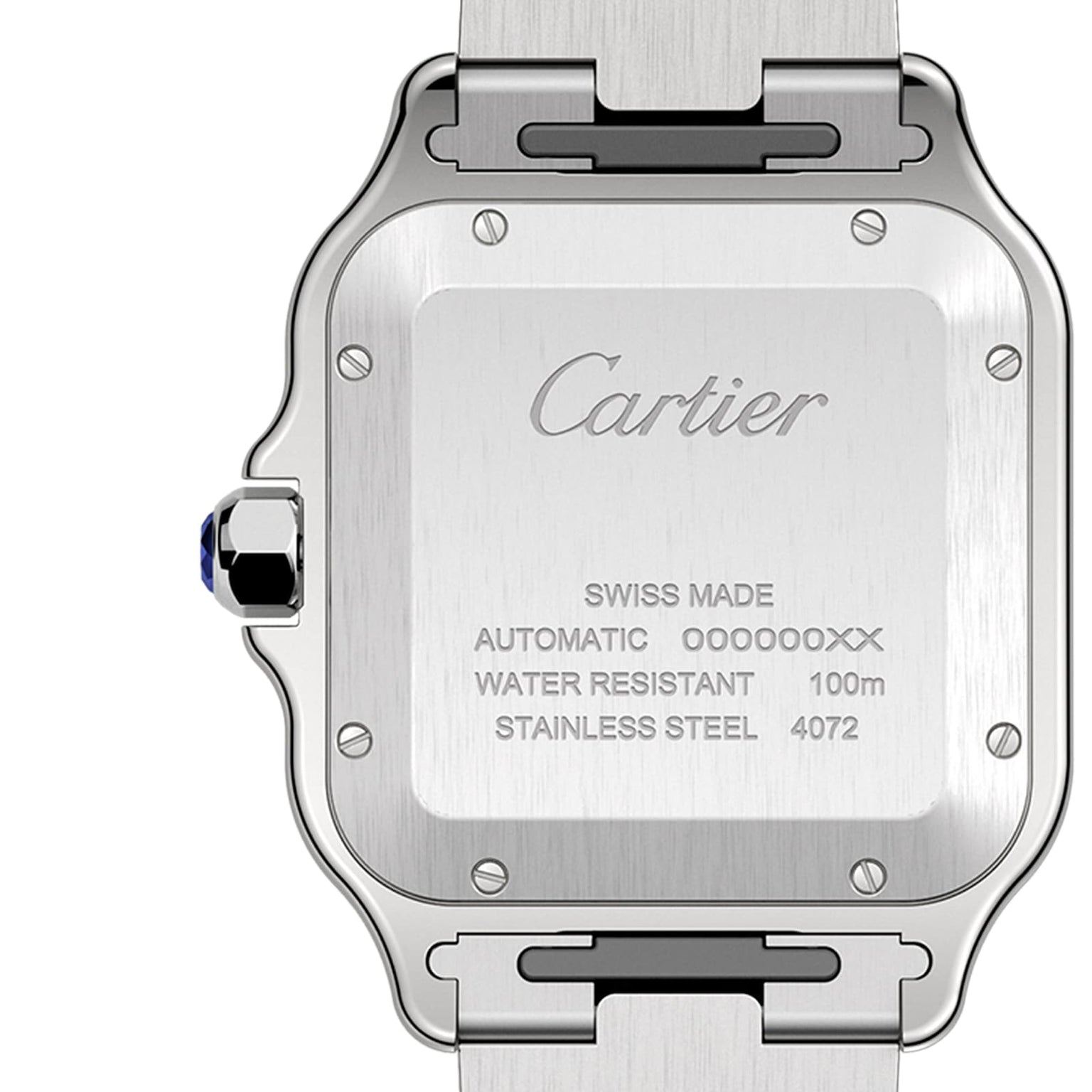 Back view of the Cartier Santos de Cartier watch in stainless steel, engraved with Cartier, Swiss Made, automatic winding, 100m water resistance, and serial number.