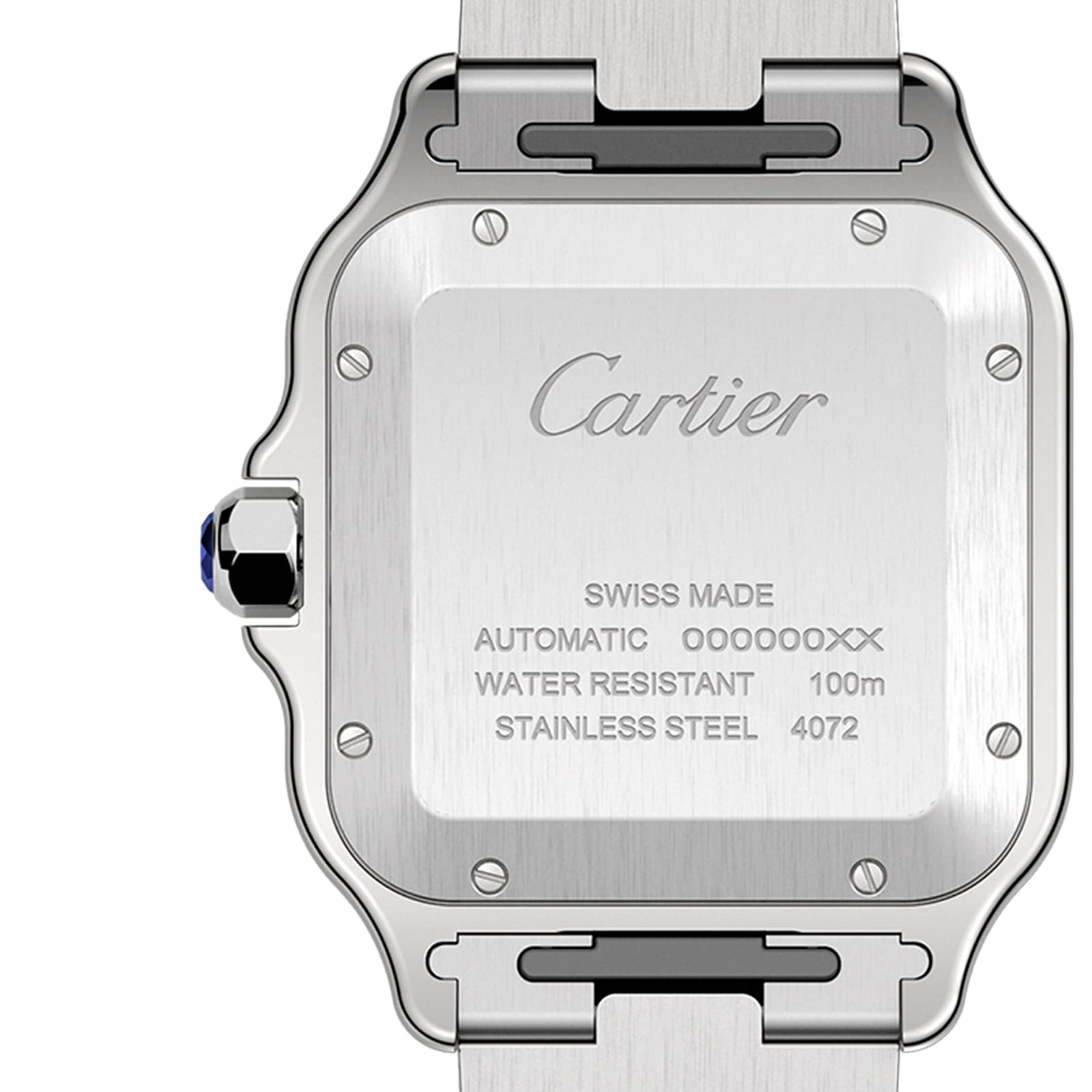 Back view of the Cartier Santos de Cartier watch in stainless steel, engraved with Cartier, Swiss Made, automatic winding, 100m water resistance, and serial number.