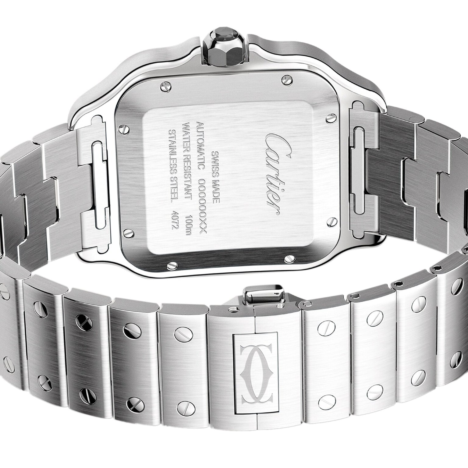 Close-up of the back of the Santos de Cartier by Cartier, highlighting its engraved details, visible serial number, signature screw-motif bracelet, and glimpses of the QuickSwitch system for easy strap changes.