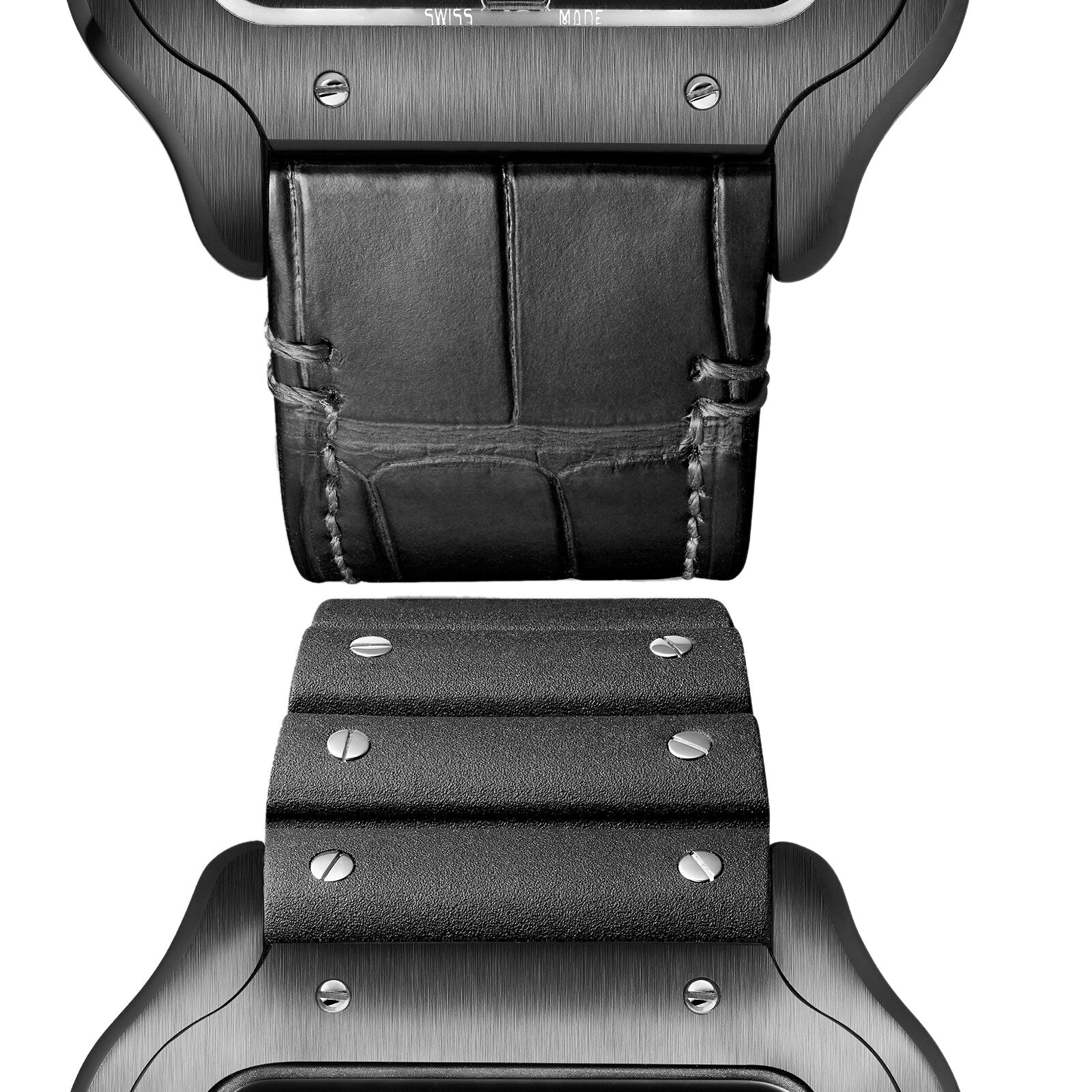 Close-up of a Cartier Santos de Cartier watch strap in black leather with visible stitching, metal screw connectors, and the QuickSwitch interchangeability system.