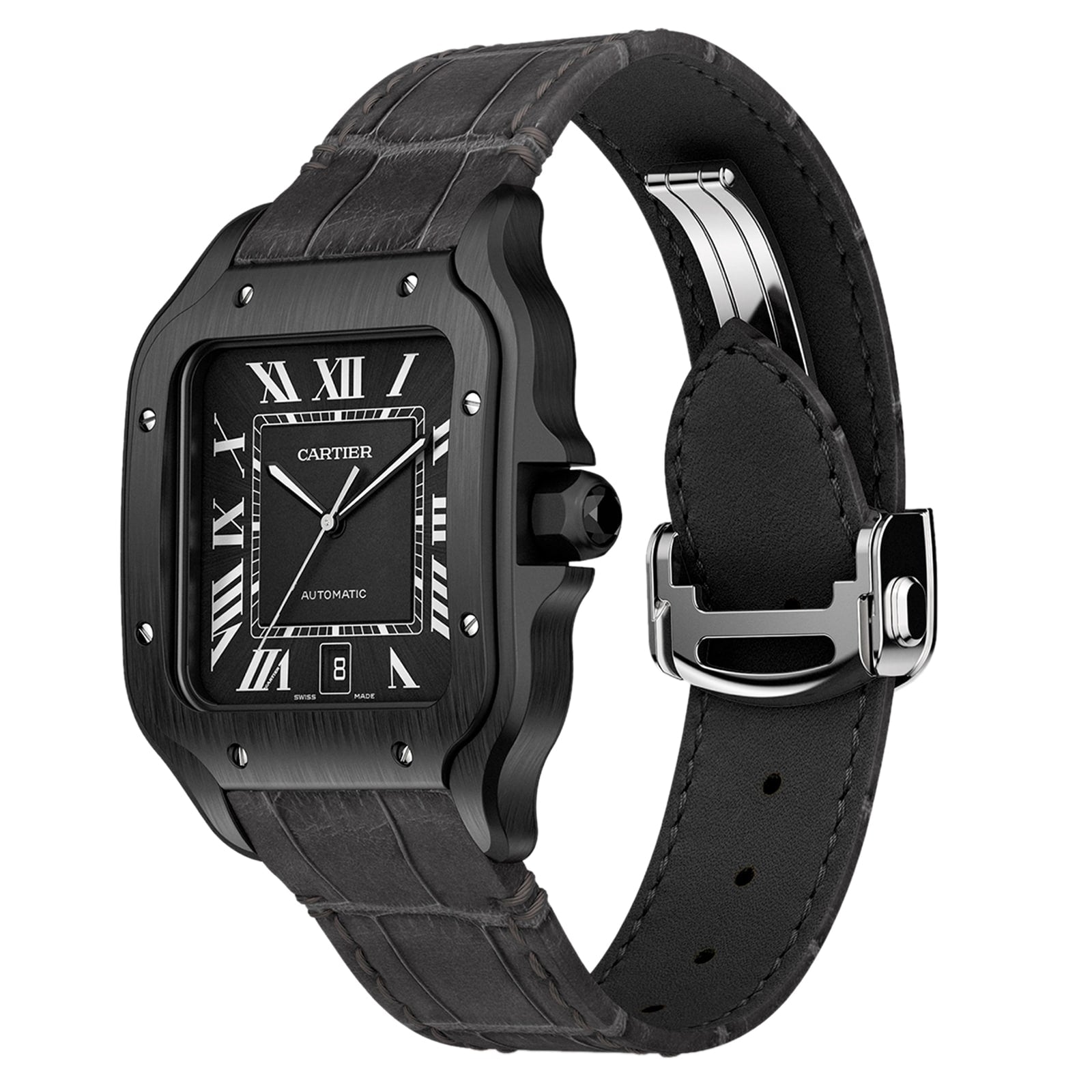 The Cartier Santos de Cartier watch features a black square face with Roman numerals, date display, black leather strap, silver clasp with QuickSwitch interchangeability, shown at a three-quarter angle.