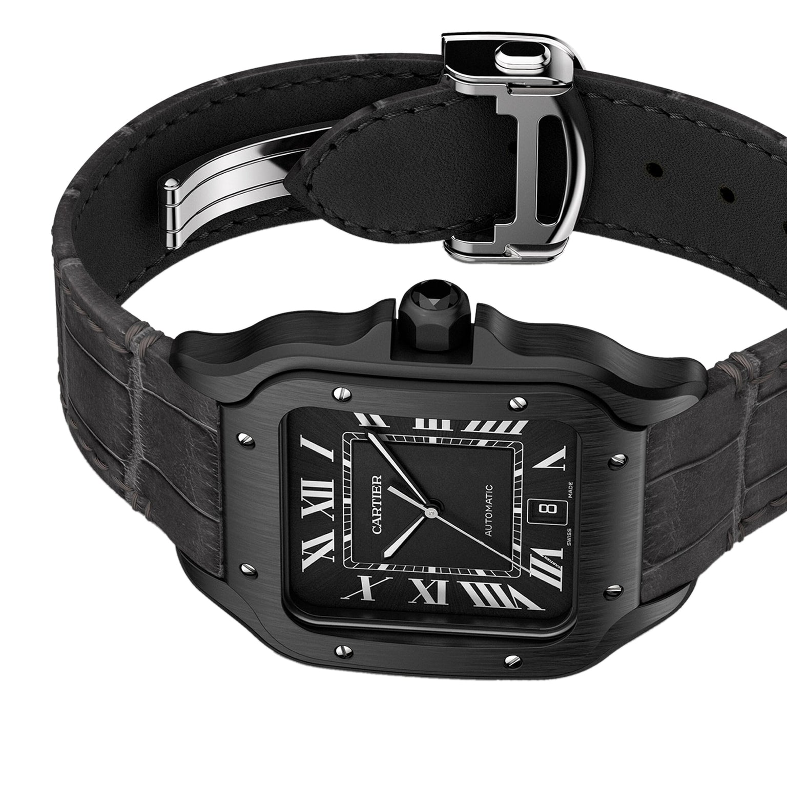 The Cartier Santos de Cartier watch features a black square face with Roman numerals, date display, and a black leather strap with a metal clasp and QuickSwitch system.