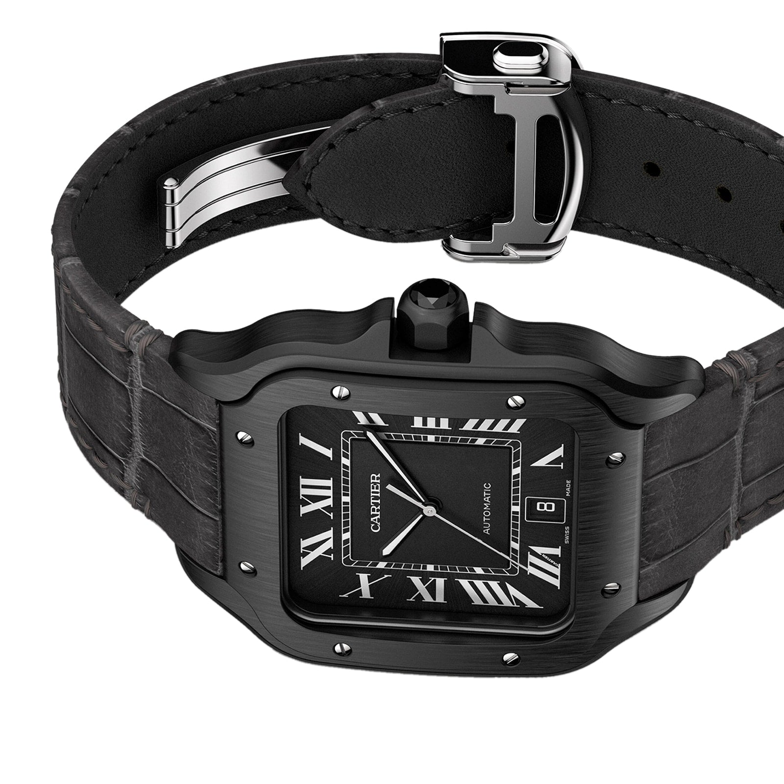 The Cartier Santos de Cartier watch features a black square face with Roman numerals, date display, and a black leather strap with a metal clasp and QuickSwitch system.