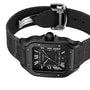 The Cartier Santos de Cartier watch features a black square face with Roman numerals, date display, and a black leather strap with a metal clasp and QuickSwitch system.