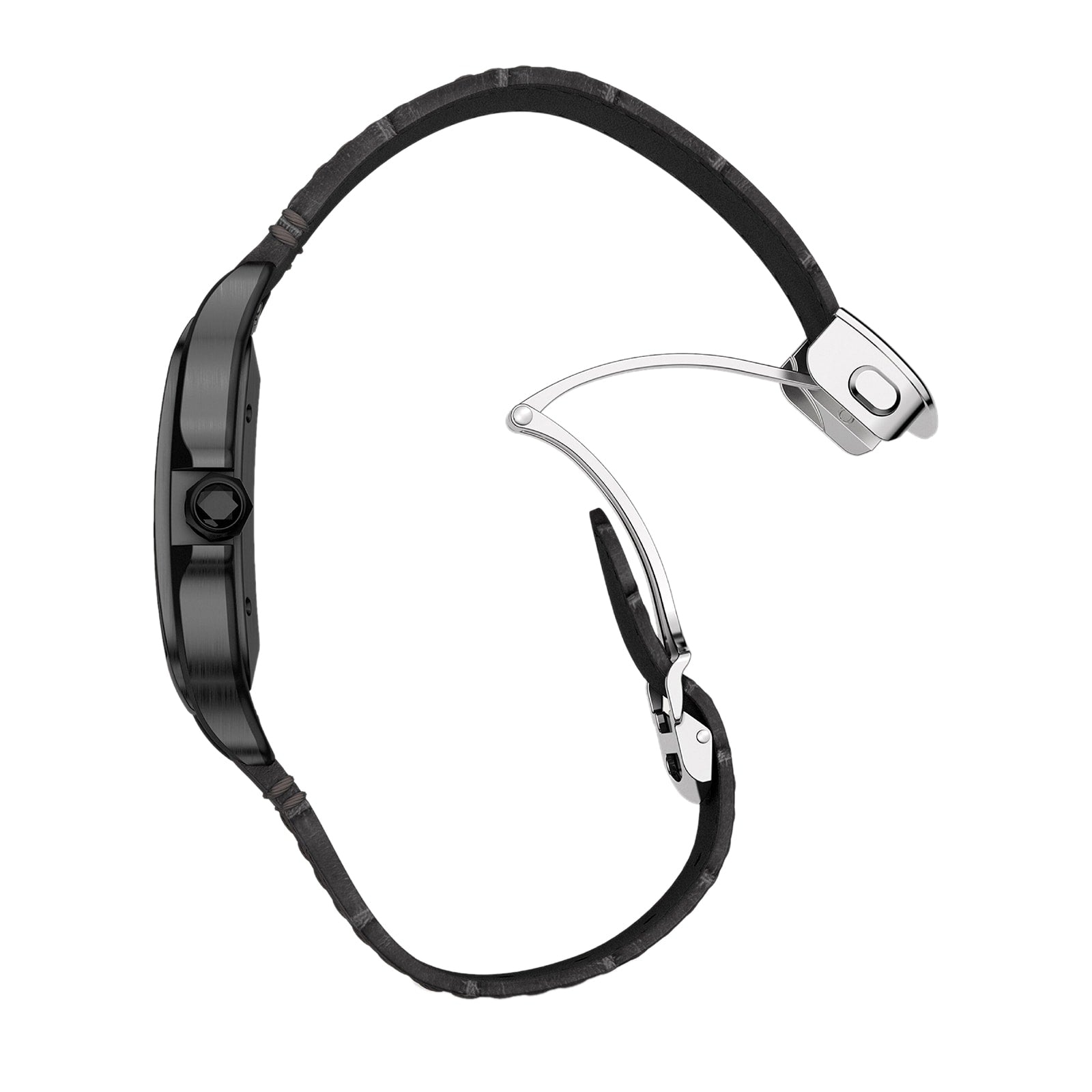 A side-profile view of the black Santos de Cartier watch by Cartier is shown against a white background, displaying its leather band, stainless steel deployment clasp, and QuickSwitch interchangeability system.