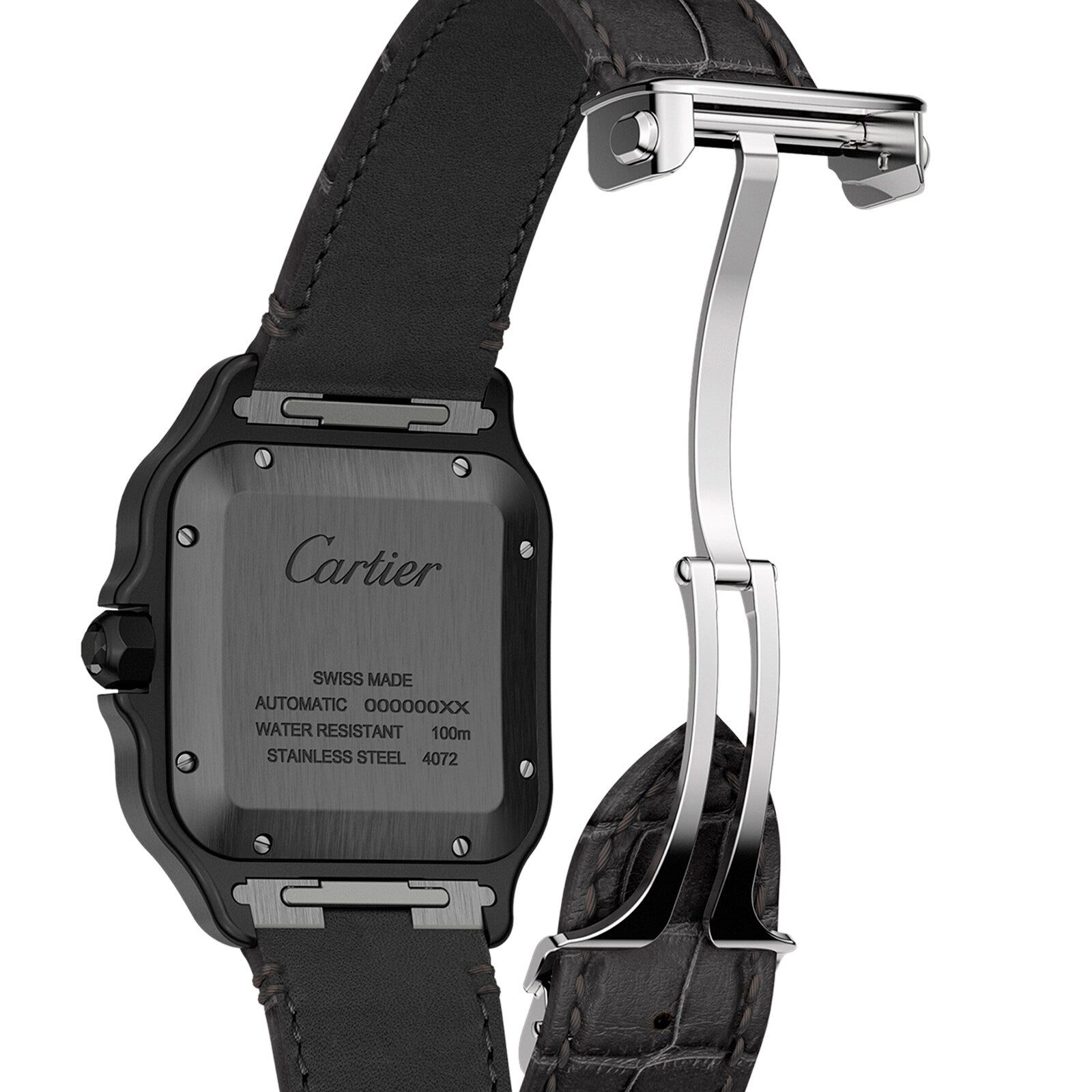 Close-up of the Santos de Cartier watch by Cartier, featuring engraved details on its stainless steel case and a black leather strap with QuickSwitch system and metal clasp.