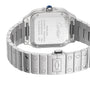 Close-up of the back of a Santos de Cartier stainless steel watch by Cartier, highlighting engraved details and a silver bracelet with signature screw accents and automatic winding mechanism.