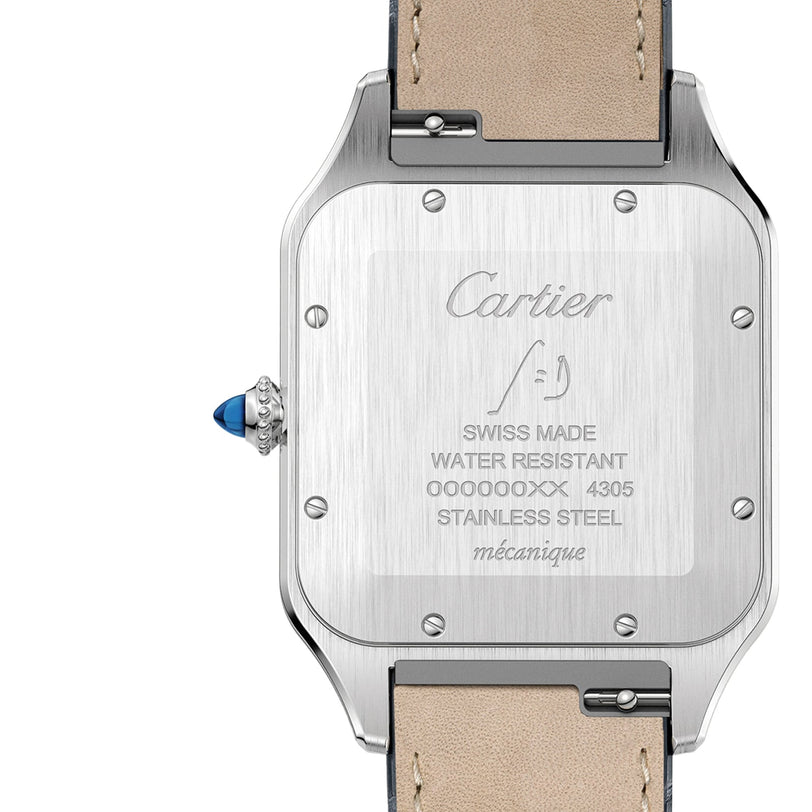 Back view of the Cartier Santos-Dumont shows its stainless steel case, leather strap, blue crown, and engraved details about water resistance and serial number.