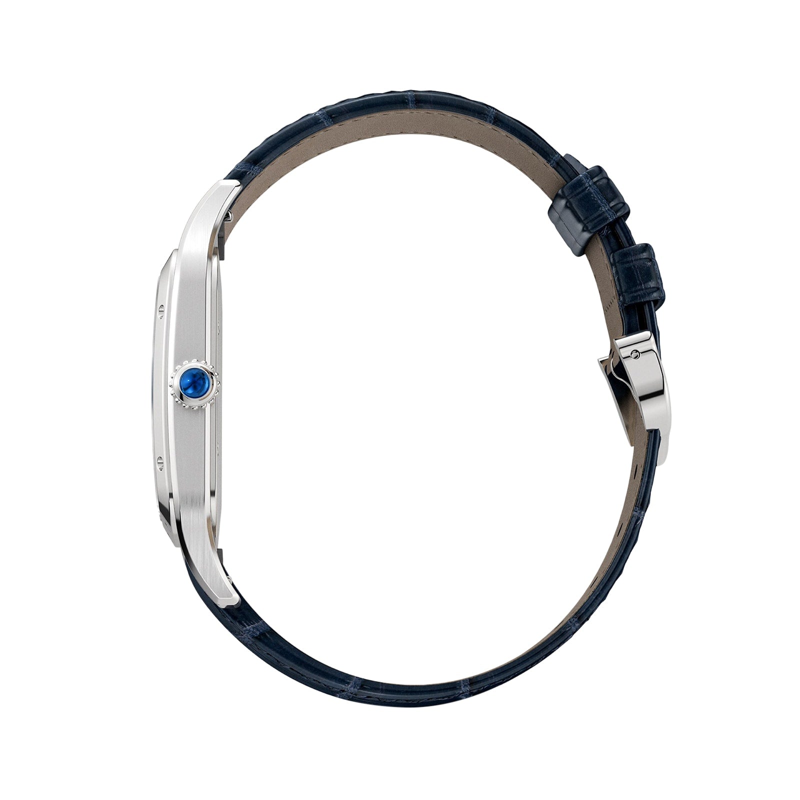 Side view of the Cartier Santos-Dumont watch with a blue gemstone crown, mechanical movement, thin silver case, and dark blue textured leather strap with buckle.