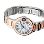 The Cartier Ballon Bleu de Cartie watch features a round face, Roman numerals, blue hands, and a silver and rose gold bracelet with mechanical movement.