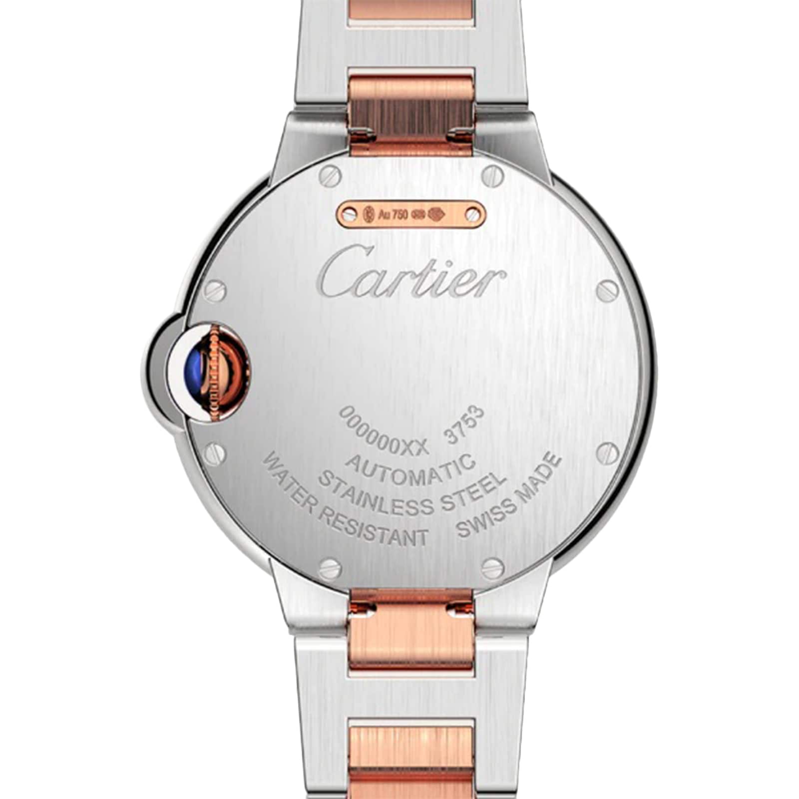 Back view of the Ballon Bleu de Cartier watch by Cartier, featuring a stainless steel and rose gold bracelet, engraved case details, blue crown accent, and a glimpse of its elegant guilloché dial.