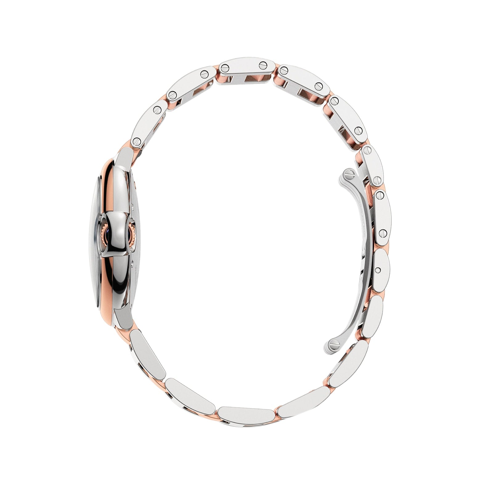 Side view of the Ballon Bleu de Cartier watch by Cartier, featuring a two-tone metal design with a slim band, visible clasp, and alternating silver and rose gold links.