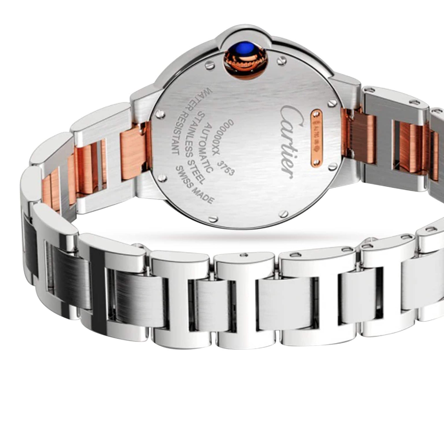 Close-up of the Ballon Bleu de Cartiers stainless steel and rose gold case back and bracelet, featuring elegant engraved details and refined rose gold accents by Cartier.