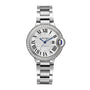 A Ballon Bleu de Cartier wristwatch by Cartier featuring a silver tone, diamond bezel, Roman numeral markers, blue hands, steel case, and metal link bracelet.