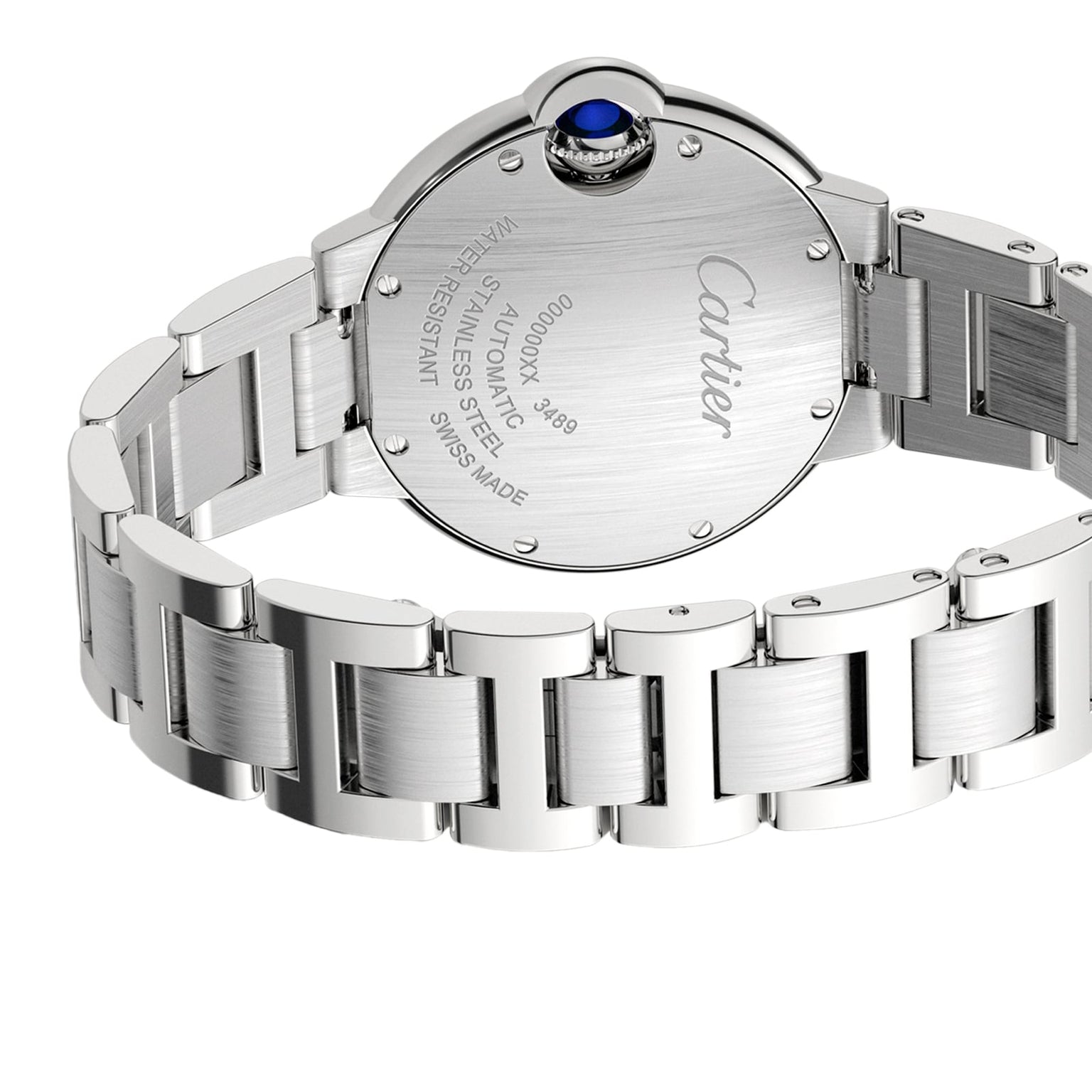 Back view of the Ballon Bleu de Cartier by Cartier, featuring an engraved steel case, elegant bracelet, and signature blue cabochon crown.