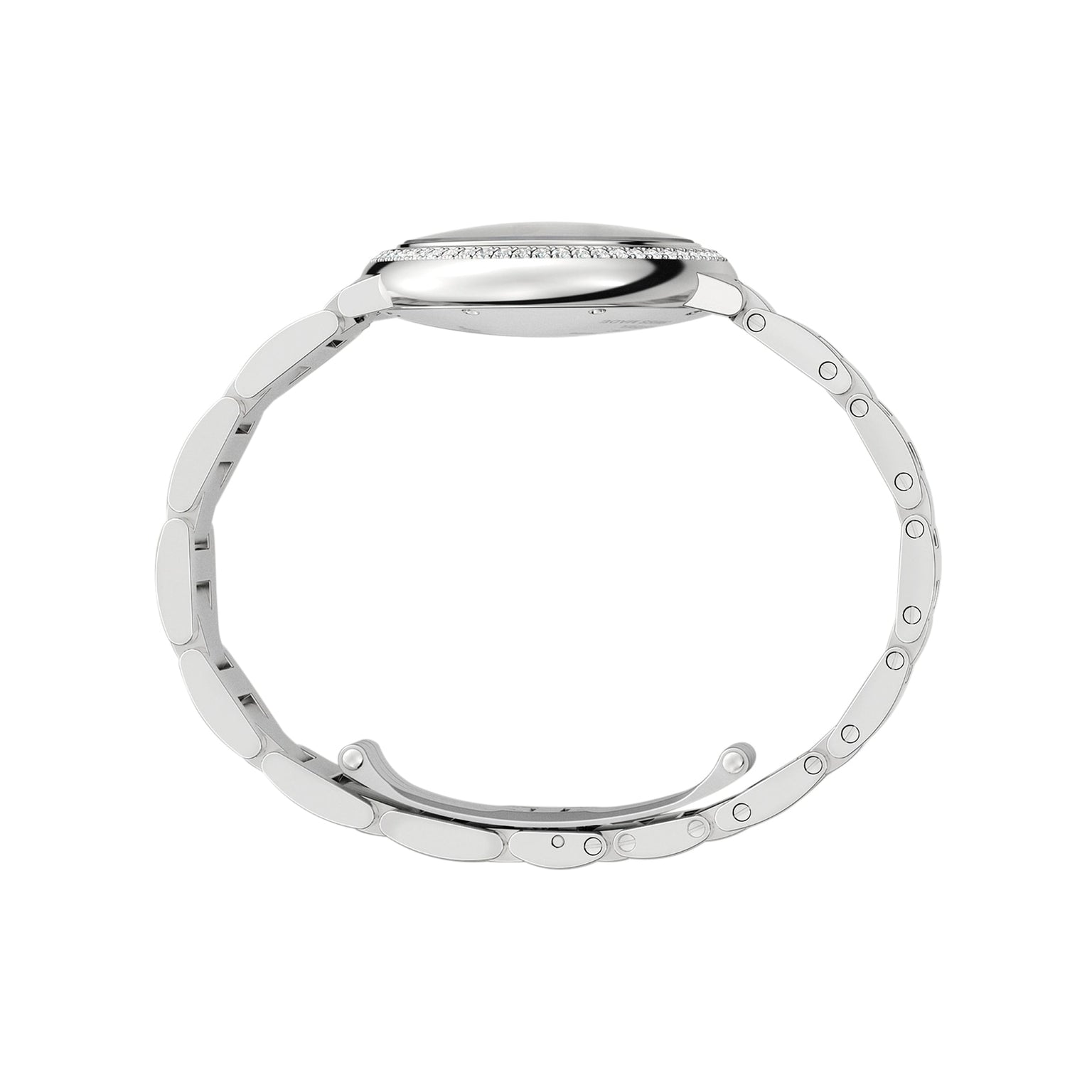 Side view of the Ballon Bleu de Cartier by Cartier, showcasing its steel case, metal link bracelet, and slim, round profile inspired by the Ballon Bleu design.