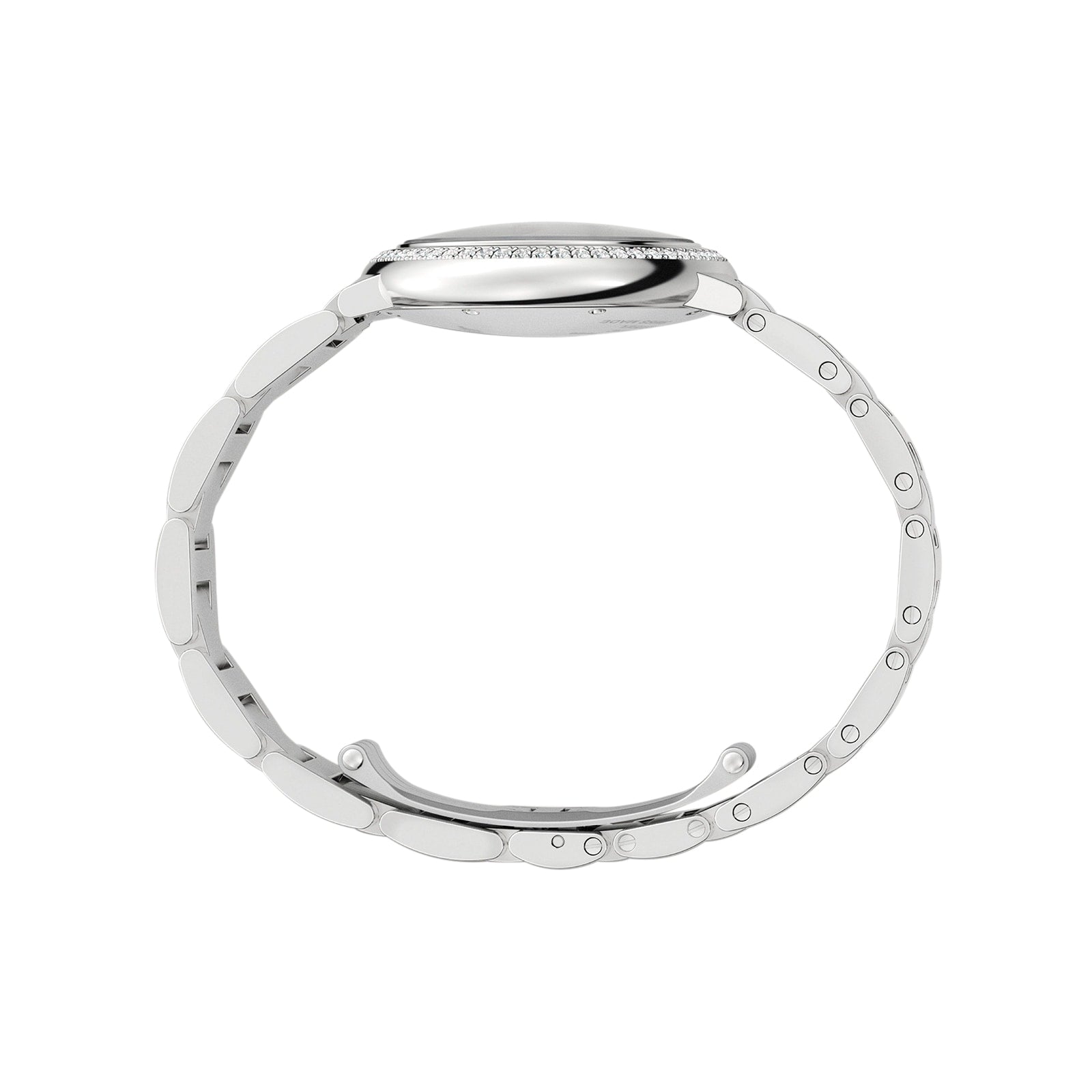 Side view of the Ballon Bleu de Cartier by Cartier, showcasing its steel case, metal link bracelet, and slim, round profile inspired by the Ballon Bleu design.
