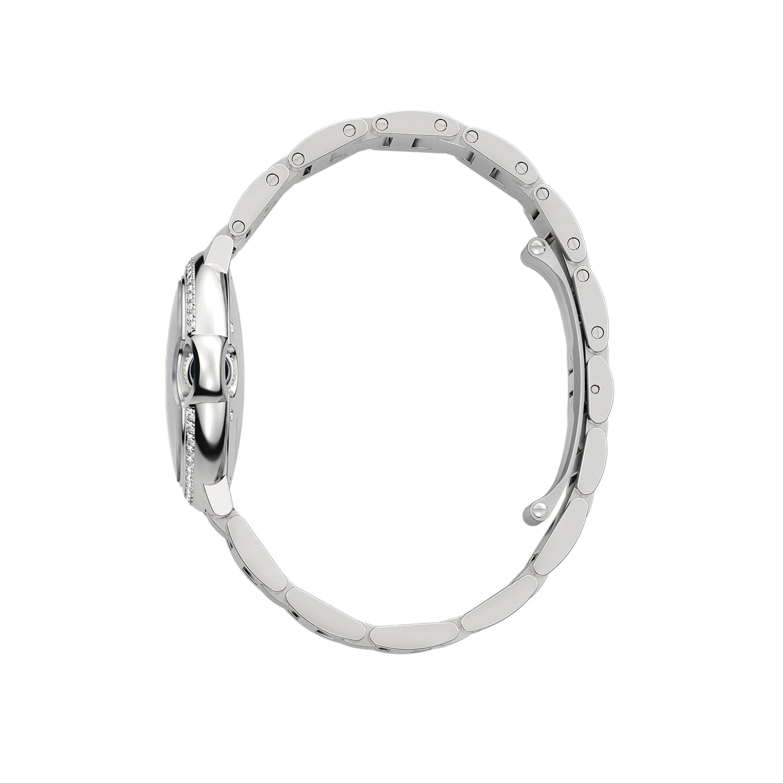 Side view of the Ballon Bleu de Cartier watch in silver, featuring a steel case and metal link band that highlight its slim profile and elegant Cartier design.