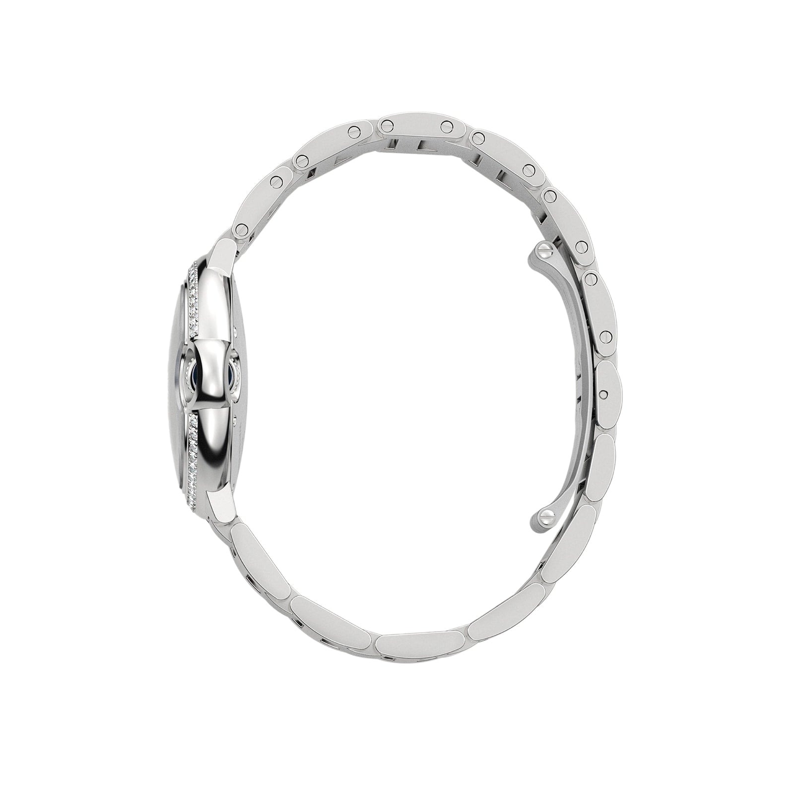 Side view of the Ballon Bleu de Cartier watch in silver, featuring a steel case and metal link band that highlight its slim profile and elegant Cartier design.
