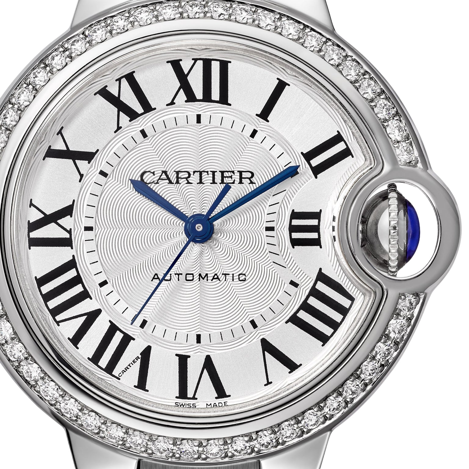 Close-up of the Ballon Bleu de Cartier by Cartier, with Roman numerals, blue hands, a diamond-set bezel, and a polished steel case.