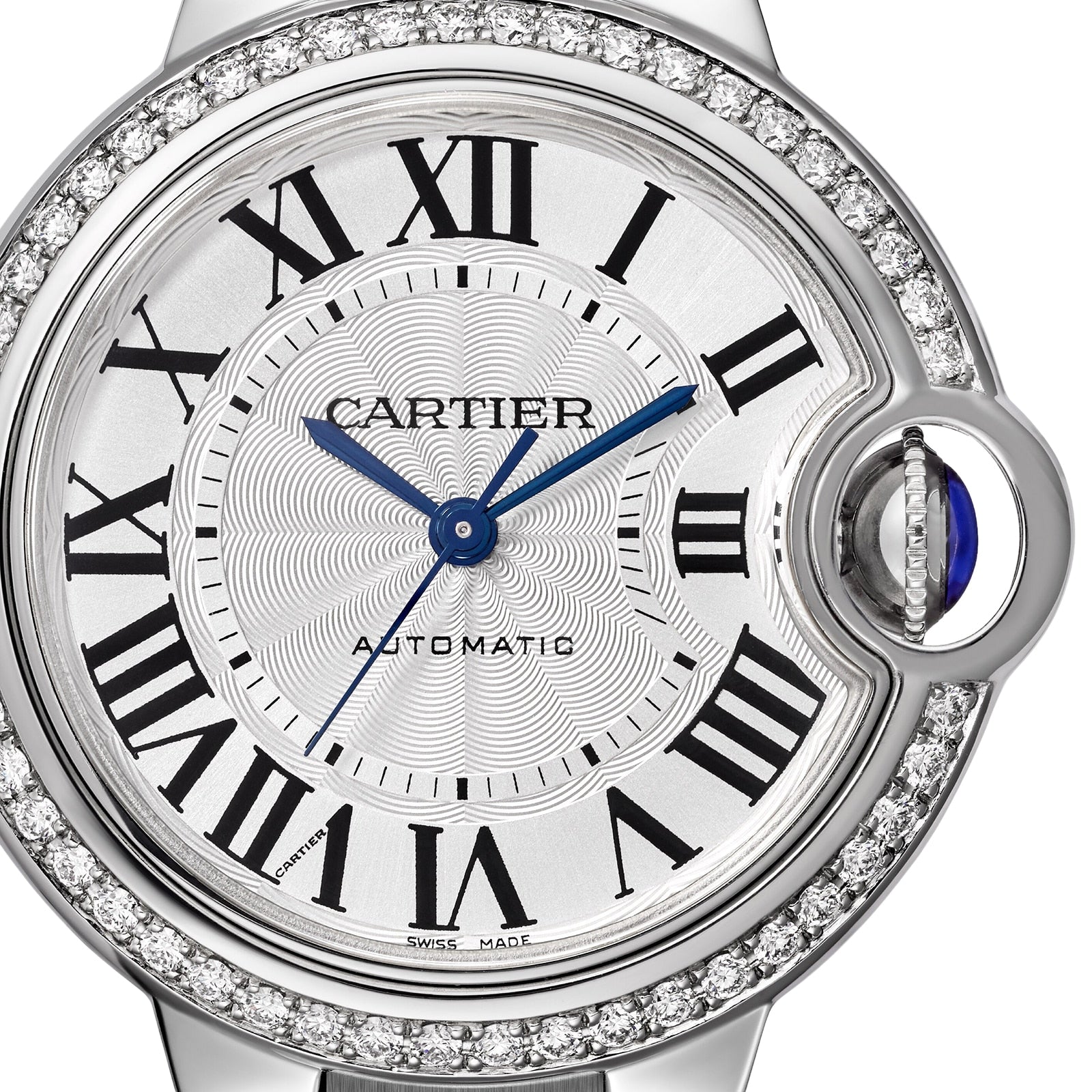 Close-up of the Ballon Bleu de Cartier by Cartier, with Roman numerals, blue hands, a diamond-set bezel, and a polished steel case.