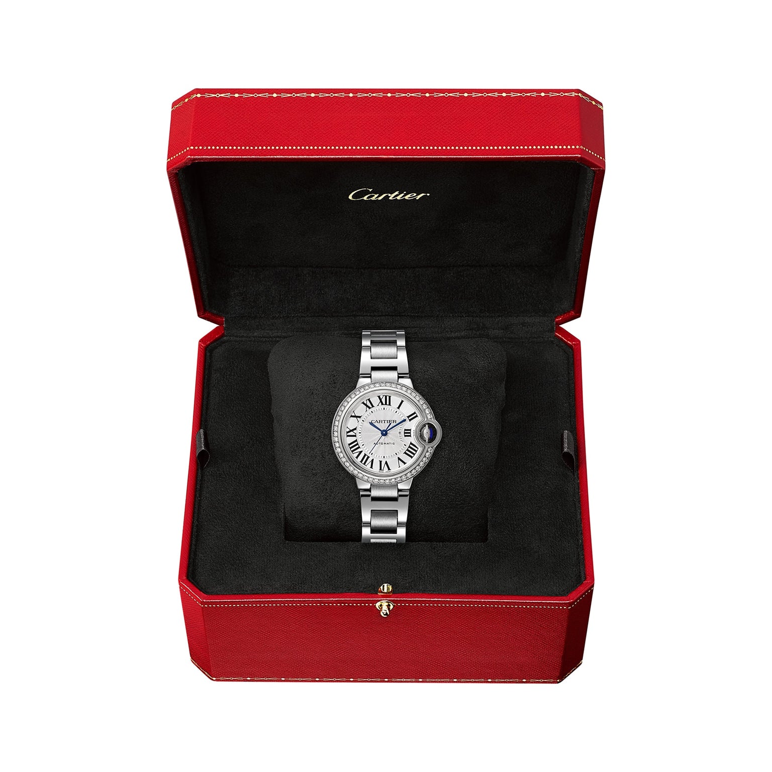 A Ballon Bleu de Cartier watch with a silver-tone case, white dial, and Roman numerals is displayed in an open red Cartier box with a black interior.