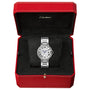 A Cartier Ballon Bleu de Cartier watch with Roman numerals and mechanical movement is shown in an open red and black Cartier box.