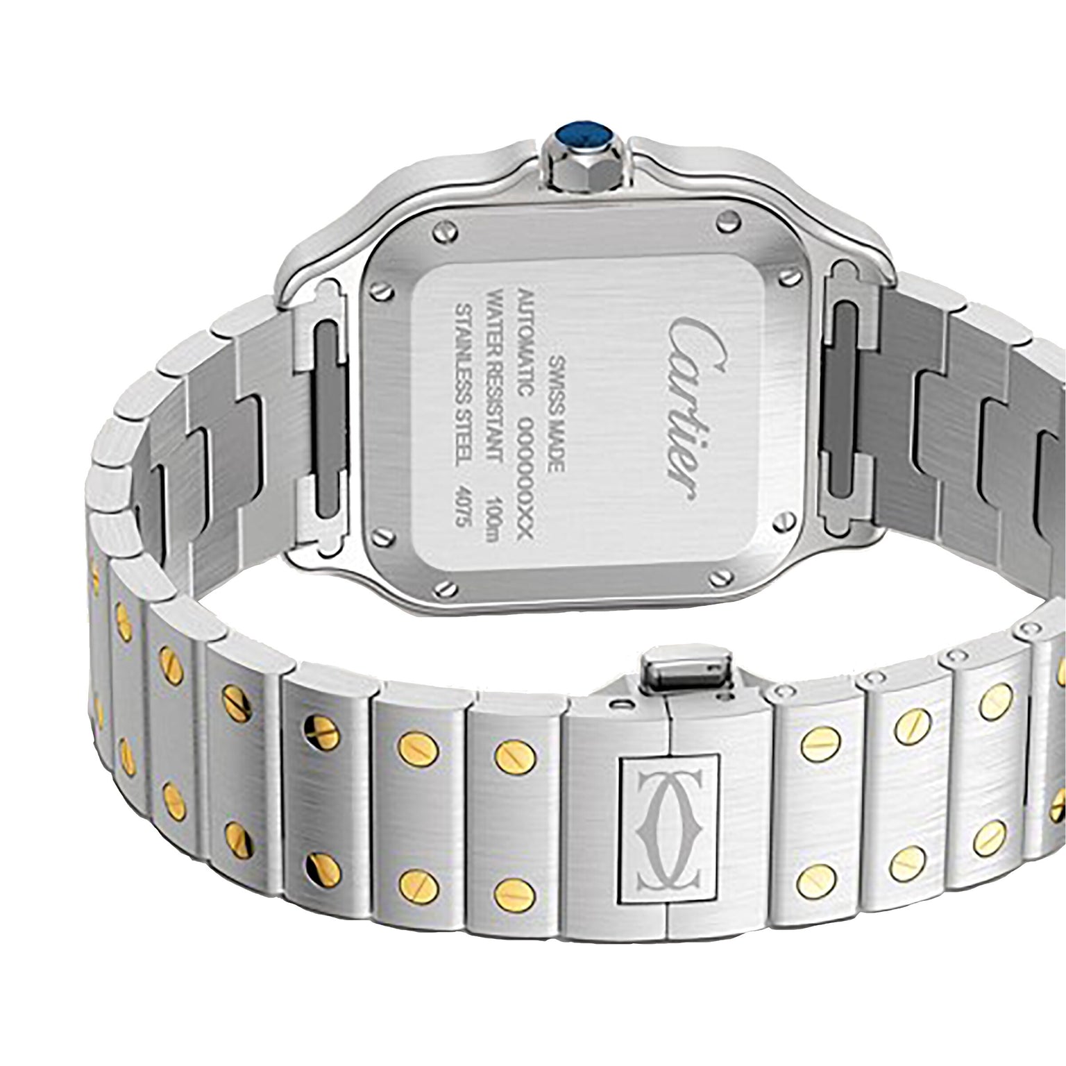 A close-up of the Santos de Cartier Chronograph by Cartier, featuring a stainless steel bracelet with gold screws and the engraved Cartier logo on the case back.