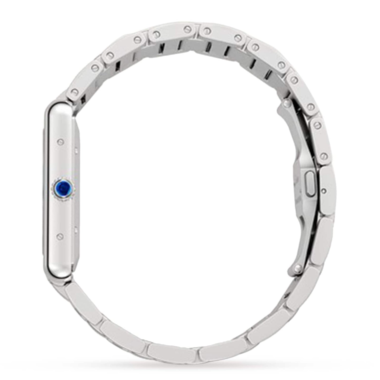 Side view of a silver Cartier Tank Américaine watch with a blue crown, mechanical movement, and linked bracelet, displayed against a plain white background.