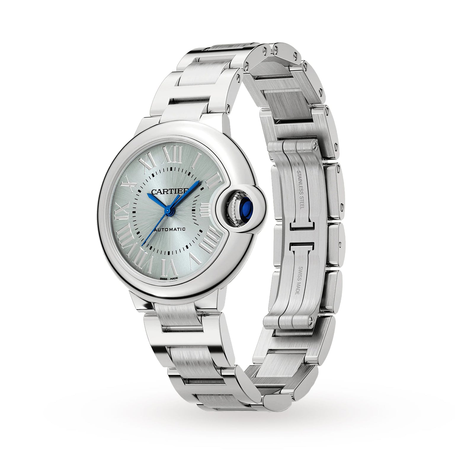 The Cartier Ballon Bleu de Cartier is a silver wristwatch featuring a round face, blue hands, Roman numerals, and a metal link bracelet with an interchangeable steel option, shown against a white background.