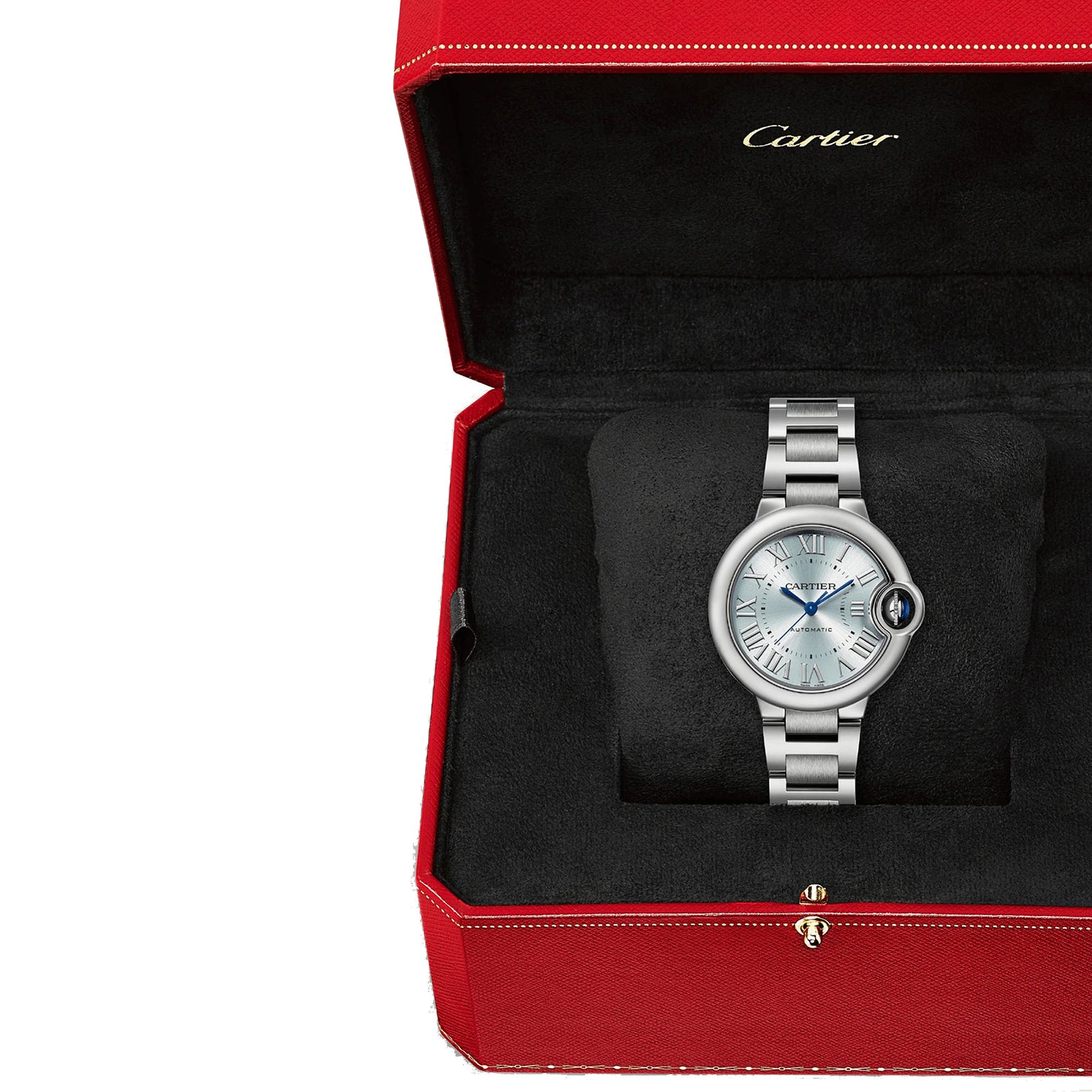 A Cartier Ballon Bleu de Cartier wristwatch with a round face and Roman numerals, mechanical movement, shown in an open red and black Cartier box.