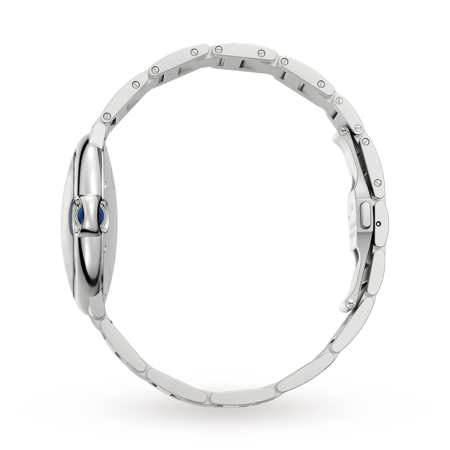 Side view of the Ballon Bleu de Cartier watch by Cartier, featuring a round face, steel bracelet, blue-accented crown, thin profile, and refined automatic movement.