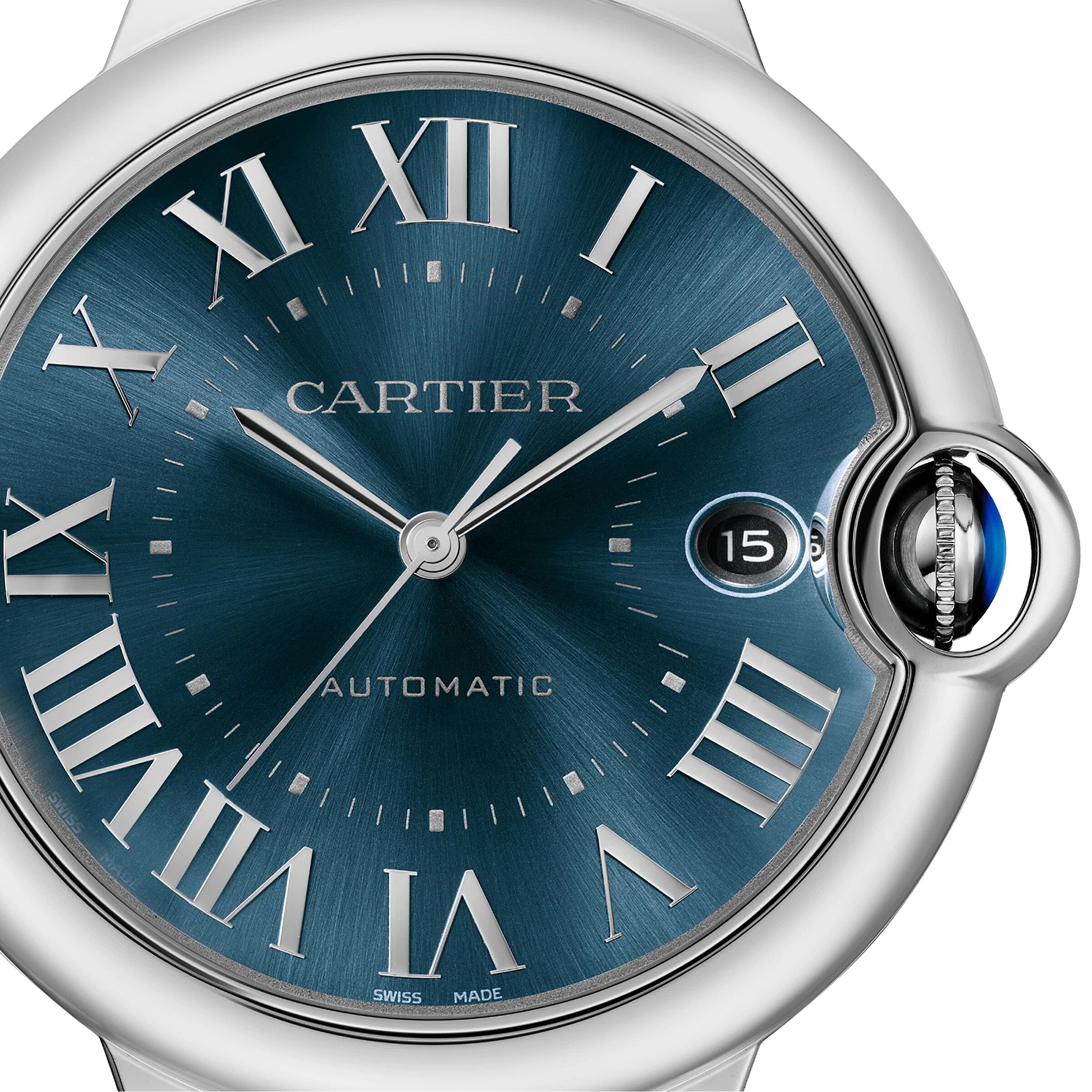Close-up of the Ballon Bleu de Cartier by Cartier, featuring an automatic movement, blue sunray dial with Roman numerals, date at 3 o’clock, silver case with blue cabochon crown, and a sleek steel bracelet.