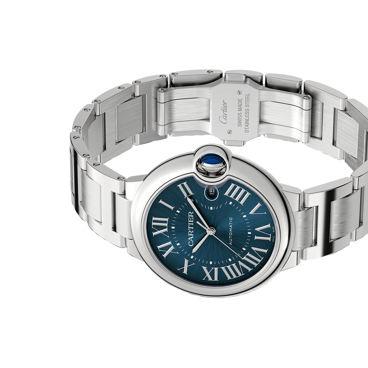 The Ballon Bleu de Cartier watch by Cartier features a stainless steel case, blue dial with Roman numerals, automatic movement, and a sapphire crown, displayed against a white background.
