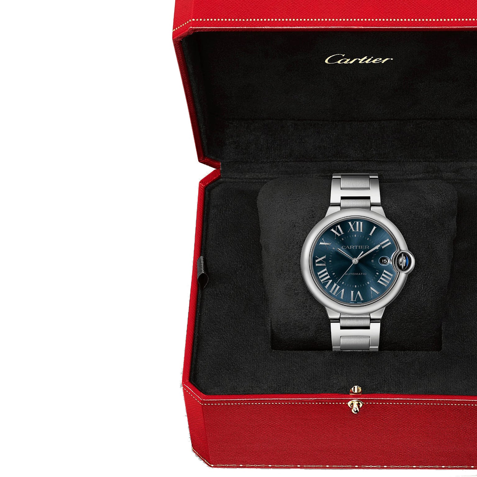 The Ballon Bleu de Cartier watch features a steel bracelet, blue dial with Roman numerals, and is shown in an open red Cartier box with a black interior.
