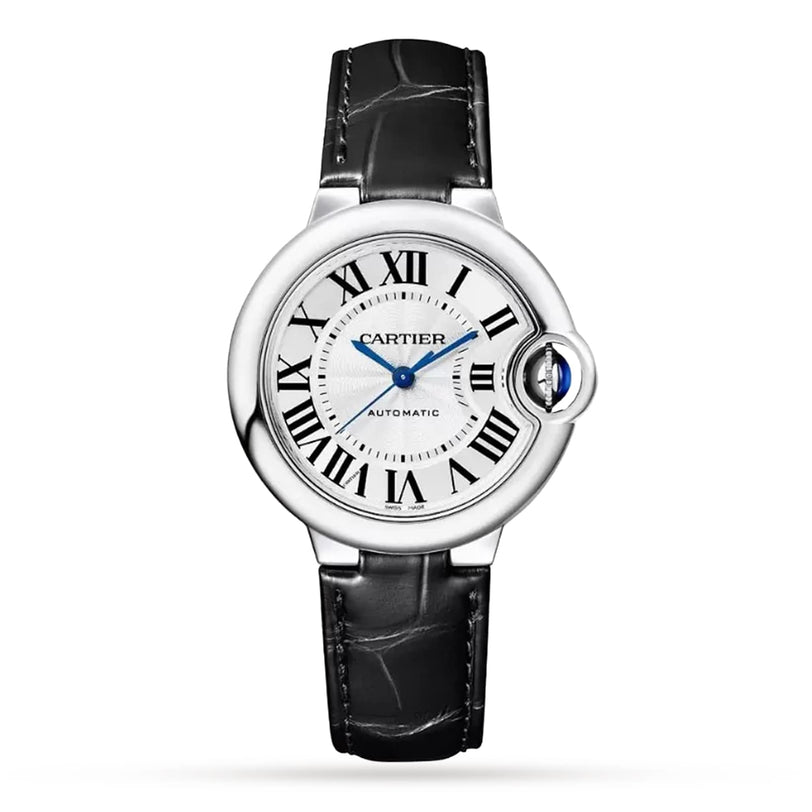 The Cartier Ballon Bleu de Cartier watch features a silver round face, black Roman numerals, blue hands, and an elegant black alligator leather strap.