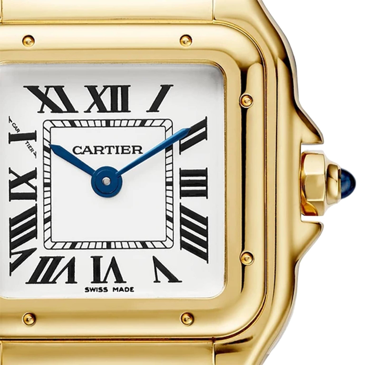 Close-up of a Cartier Panthère de Cartier watch in yellow gold featuring a white dial, black Roman numerals, blue hands, and a sapphire crown.