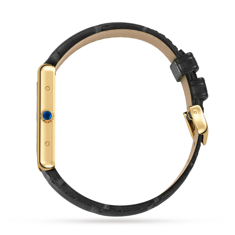 Side view of the Cartier Tank Louis Medium Model, featuring a slim gold case, blue crown, and black leather strap with gold buckle, showcasing modern watchmaking on a white background.
