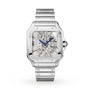 The Santos de Cartier Skeleton by Cartier features a stainless steel case, exposed mechanical movement, blue hands, metal bracelet, and an interchangeable system for versatile styling.