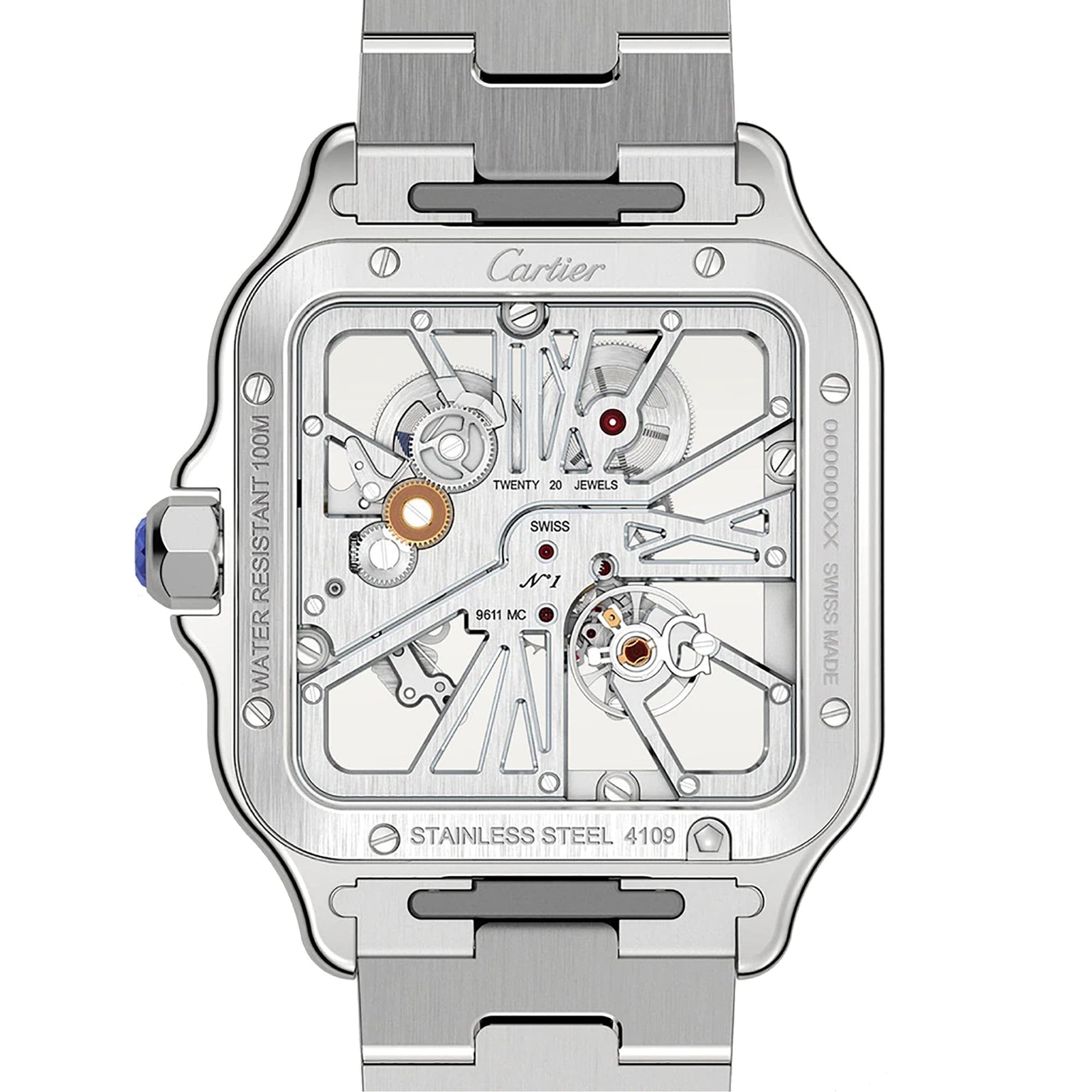 Close-up of the back of the Santos de Cartier Skeleton watch by Cartier, highlighting its visible mechanical movement and engraved details.