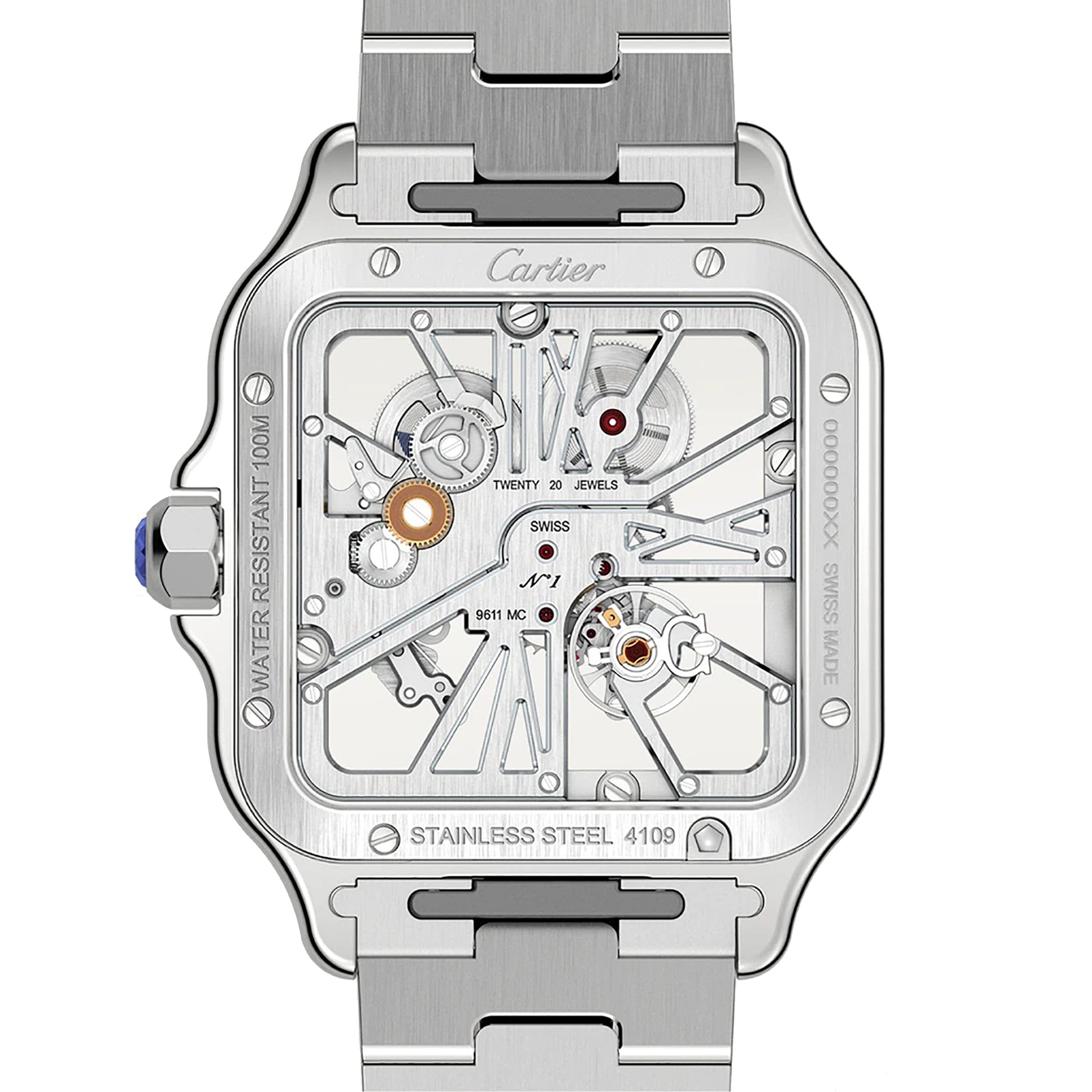 Close-up of the back of the Santos de Cartier Skeleton watch by Cartier, highlighting its visible mechanical movement and engraved details.