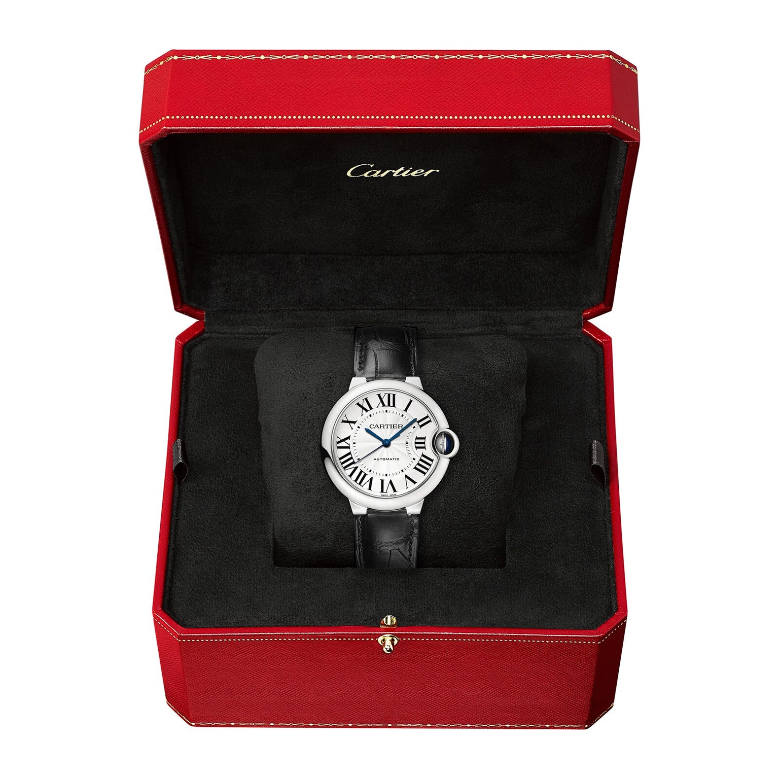 A Cartier Ballon Bleu de Cartier wristwatch with an alligator leather strap and Roman numeral dial is displayed in an open red and black Cartier box.
